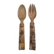 Vintage Hand Carved Wooden Salad Servers with Grape and Leaf Motifs