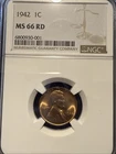 Certified 1942 Lincoln Cent NGC MS66 Red Wheat Penny 1c