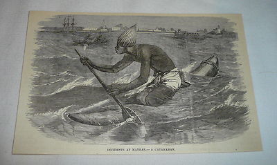 1879 magazine engraving ~ NATIVE IN CATAMARAN Madras (Chennai), India