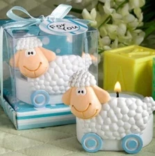 Un-baa-lievable Tea Light Holder Baby Collection Blue White Sheep Favors in Box