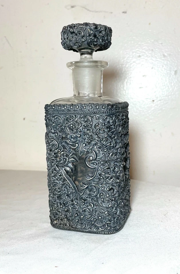 antique ornate reticulated perfume cologne metal glass silverplate bottle scent - Image 2 of 4