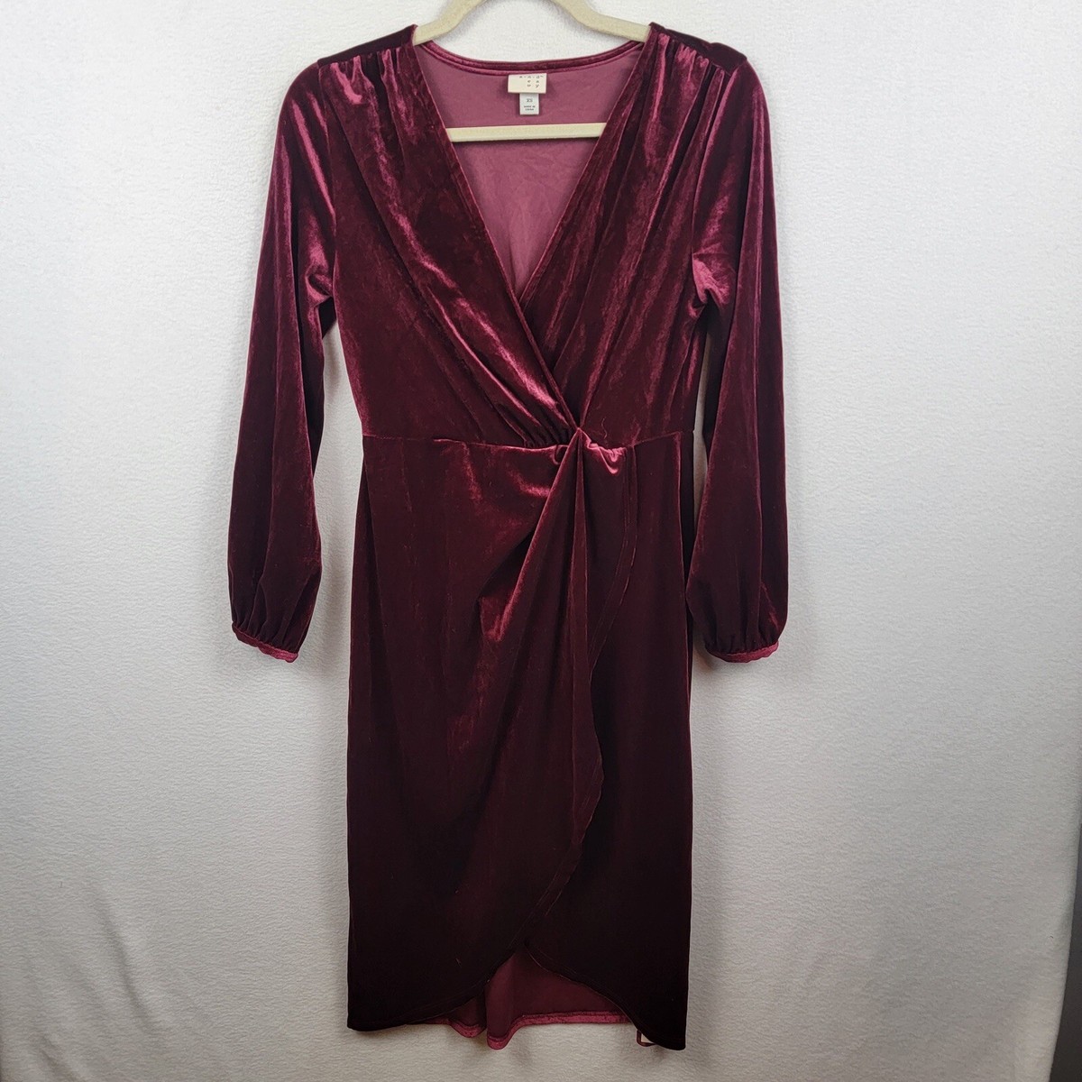 A New Day Womens XS V Neck Wrap Style Dress Velvet Red Burgundy NWT