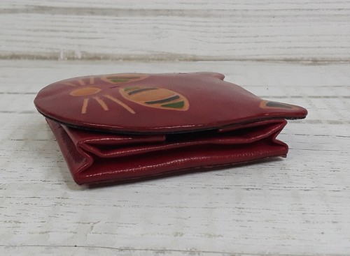 Vintage Cat Shaped Red Embossed Painted Leather Coin Purse Handcrafted - Picture 3 of 8