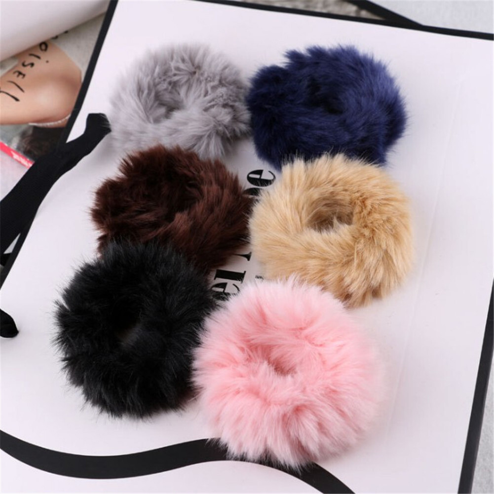 Women's Fluffy Rabbit Fur Hair Scrunchie Pompom Headband