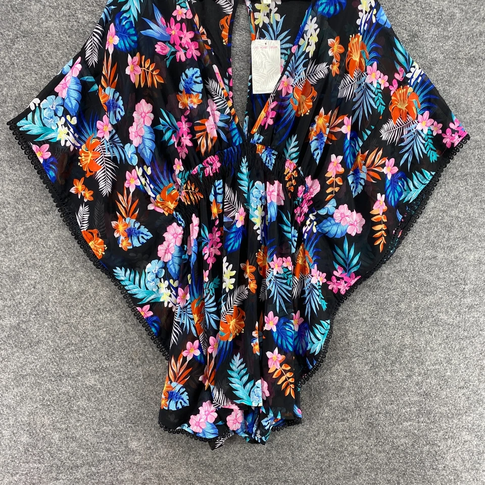 New Miken Covering Top Women L Large Black Floral V-Neck Kimono 3/4 Sleeve Swim - Image 4 of 4