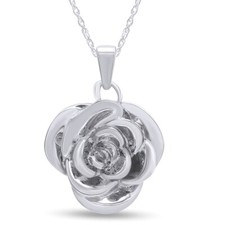 Beautiful Blooming Rose Flower Pendant 18" Necklace 14K White Gold Plated Silver