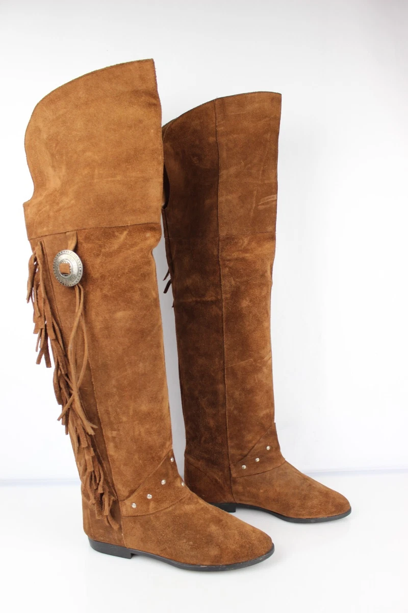 Vintage Bottes cuissardes indiennes daim marron franges T 37 37