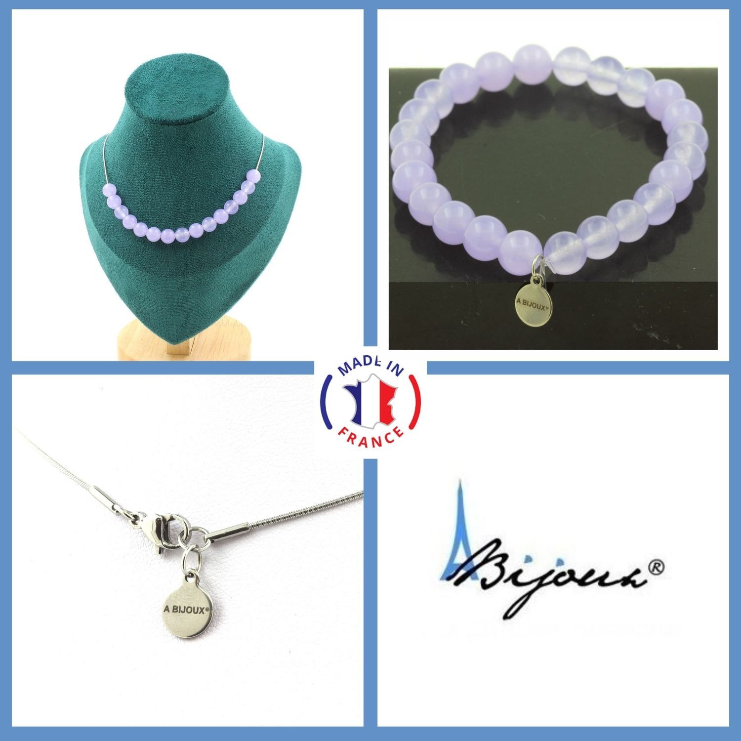 Parure bijoux calcédoine lavande 15 perles | Cadeau idéal en pierres et minéraux pour femme