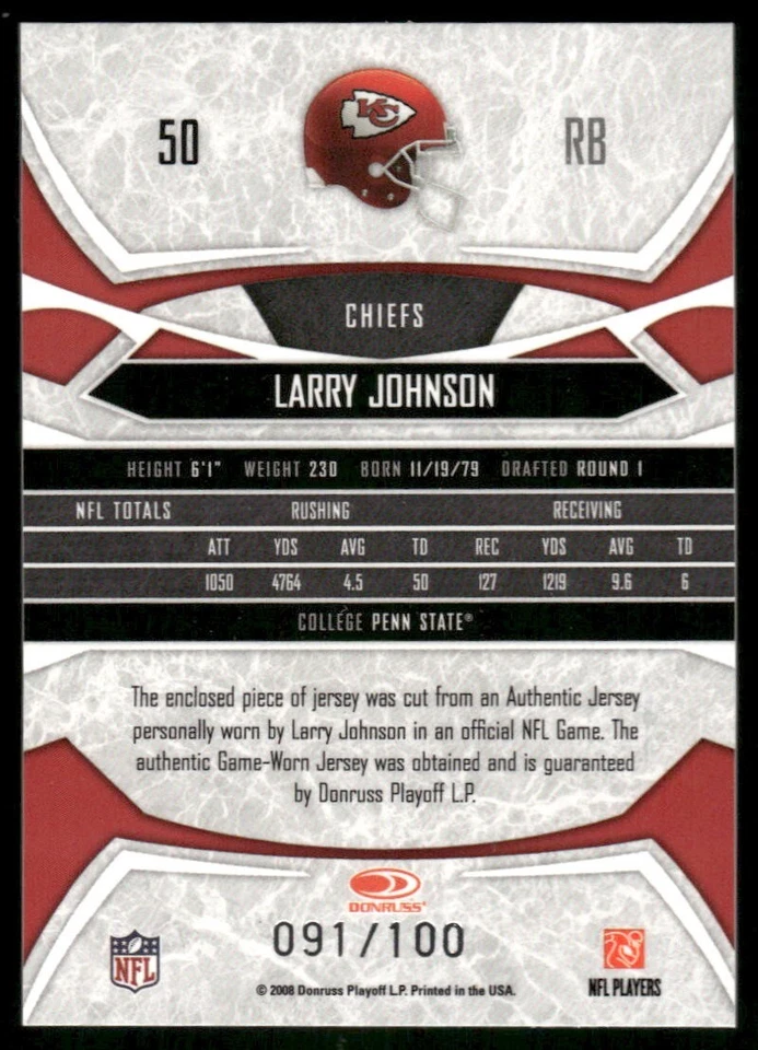 2008 Donruss Gridiron Gear Larry Johnson Gold O's /100 #50 - Image 2 of 2