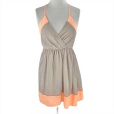 Lulu's Womens Beige Neon Orange Trim Georgette Lined Mini Dress Size Small S