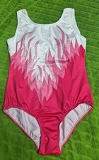 Vogue Fashion Gymnastics Leotard white, pink Flames Sequins Size Medium