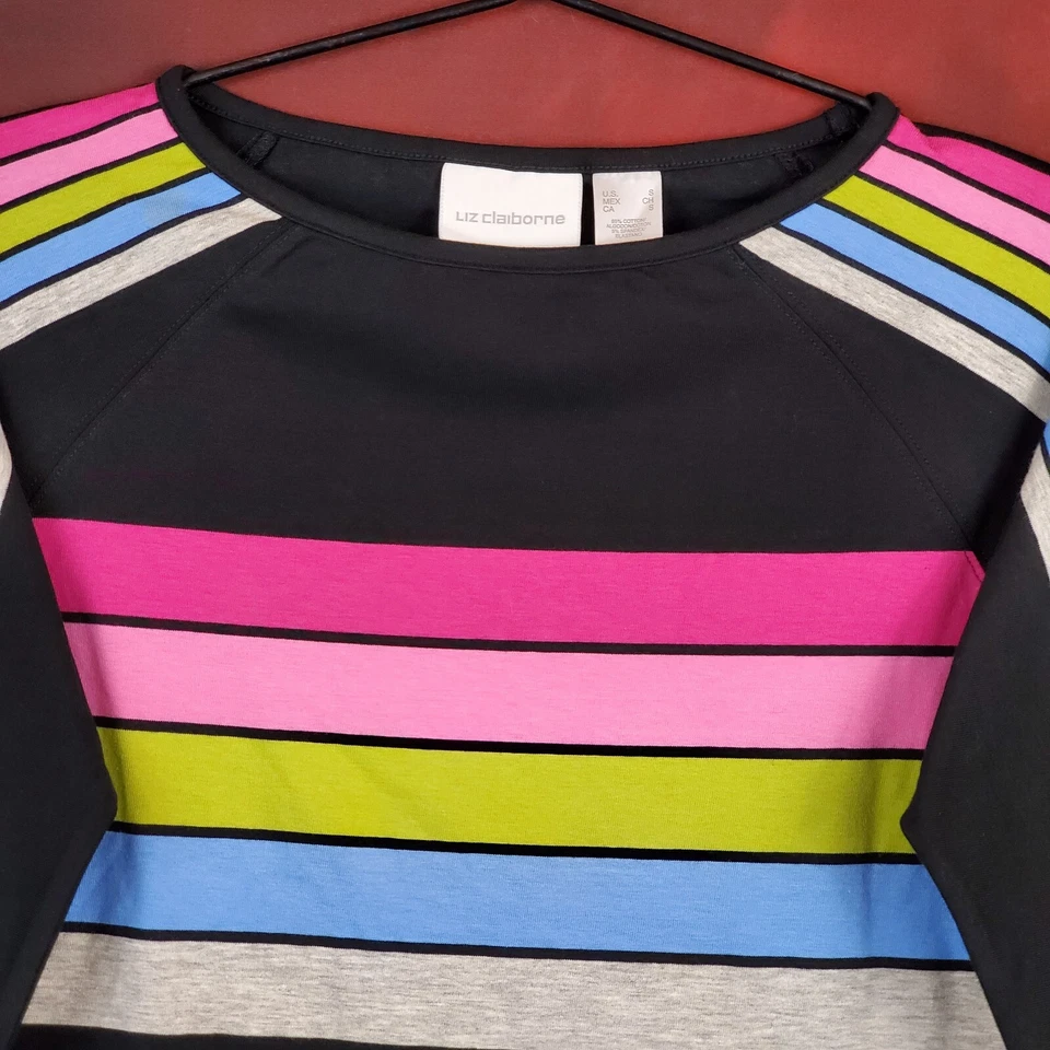 Vintage Liz Claiborne Top S Raglan Stretch Cotton Pullover Black Pink Gray Blue - Image 3 of 4