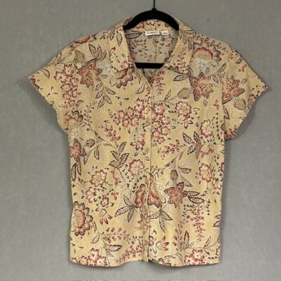 CATO Top Womens L Tan Floral Button Up Short Sleeve Collar Metallic Threads