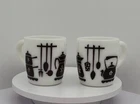 Hazel Atlas Kitchen Aids Milk Glass Mug Set 2 Brown Utensil Cup Vintage MCM 1950