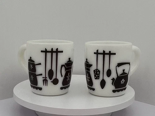 Hazel Atlas Kitchen Aids Milk Glass Mug Set 2 Brown Utensil Cup Vintage MCM 1950
