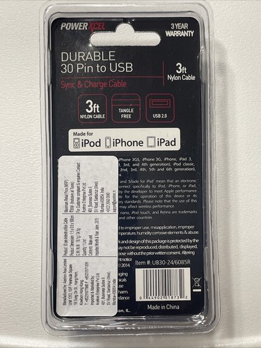 Powerxcel Câble de Synchronisation et de Charge Durable 30 Broches vers USB, 3 Pieds Nylon iPhone iPad iPod - Photo 3 sur 3