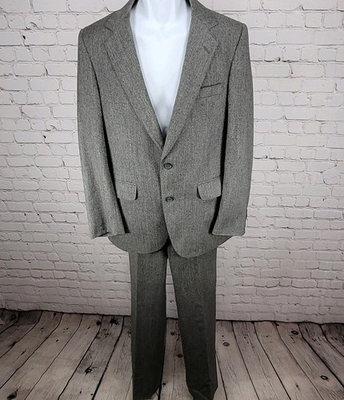 #ad John Brooks Grey Herringbone Full Suit Set Notch Blazer Size 36 Pants 27x33 $51.00