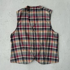 Vintage 80s Women s Plaid Vest Size Med / Large Green Red V Neck Button Cottage