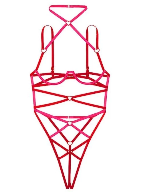 $99 XL Victorias Secret Corazones con Tirantes Body de Peluche Bandas Abiertas Corazón Rosa Foto 2 de 4