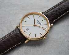 Tissot Gold Men's Dress Watch White Dial Date Leather Quartz Sapphier Crystal