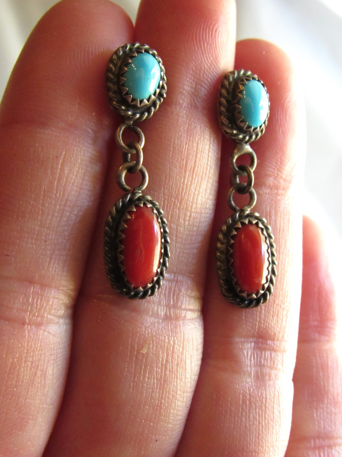 vintage turquoise coral silver earrings post stamped Sterling