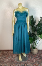 Vtg 1980s Gunne Sax Teal Swiss Dot Strapless Tea Length Semi-Formal Dress