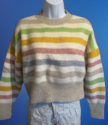 Dreamers Wool Sweater Ivory Multicolor Stripe Cropped Short Sleeve Women s S/M