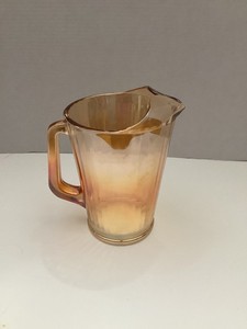 Carnival Glass Pitcher Vtg Art Deco JeannettGlass Hex Optic, Marigold Iridescent