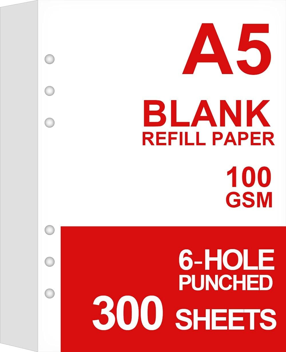 (3 Pack) A5 Blank Paper Refills, 6 Hole Punched, 300 Sheets/600 Pages Loose Lea