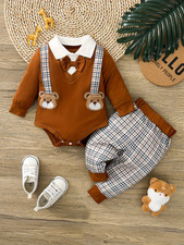 Baby Boy 2Pc Set Bear Outfit Bow Tie Romper 0-18M Cute Clothes