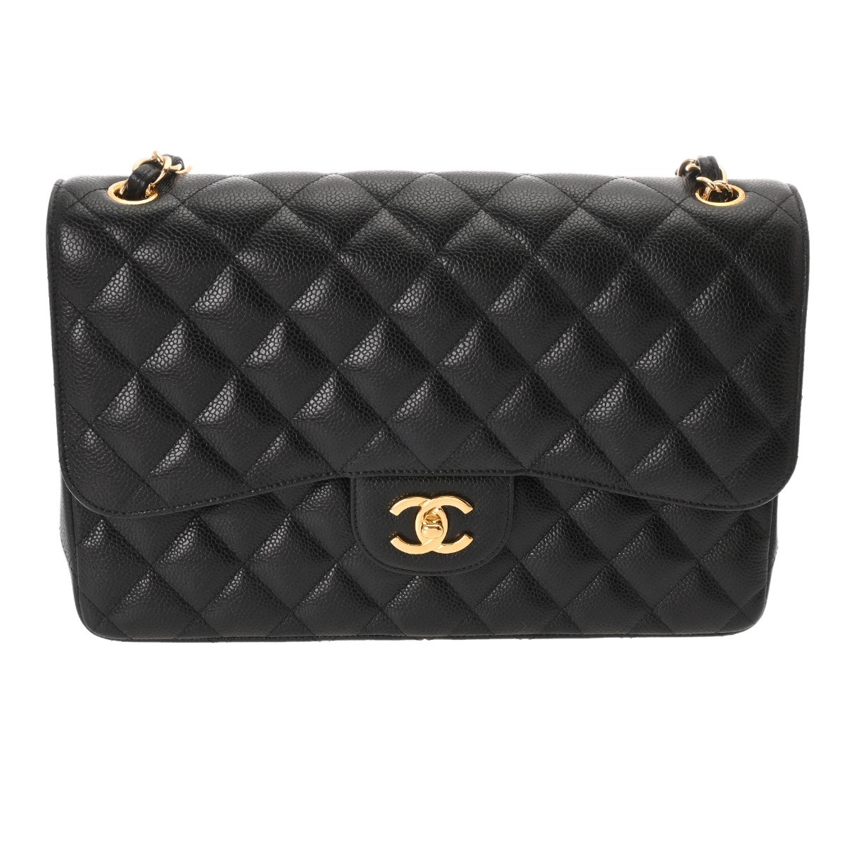 Chanel Matelasse W Flap Chain Shoulder Bag 30 Black Caviar A58600