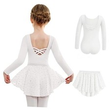 Girls Ballet Leotards with Chiffon Dance Skirt Long Sleeve 4-5T White