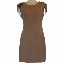 Studded Epaulet Shoulder Bodycon Dress Chain Fringe Military Glam Taupe L Y2K