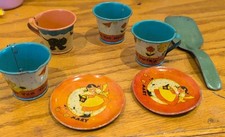Vintage OHIO ART Tin / Litho Tea Set 7 Pieces / Tom The Piper's Son And Mary