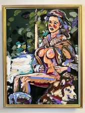 FREDERIC Nude 18x24 Painting Beautiful Woman Snowy Fur Dog GREEN VELVET VTG🔥