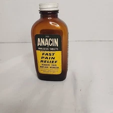 VINTAGE DRUG STORE AMBER BROWN GLASS ANACIN TABLETS BOTTLE WITH ORIGINAL LABELS