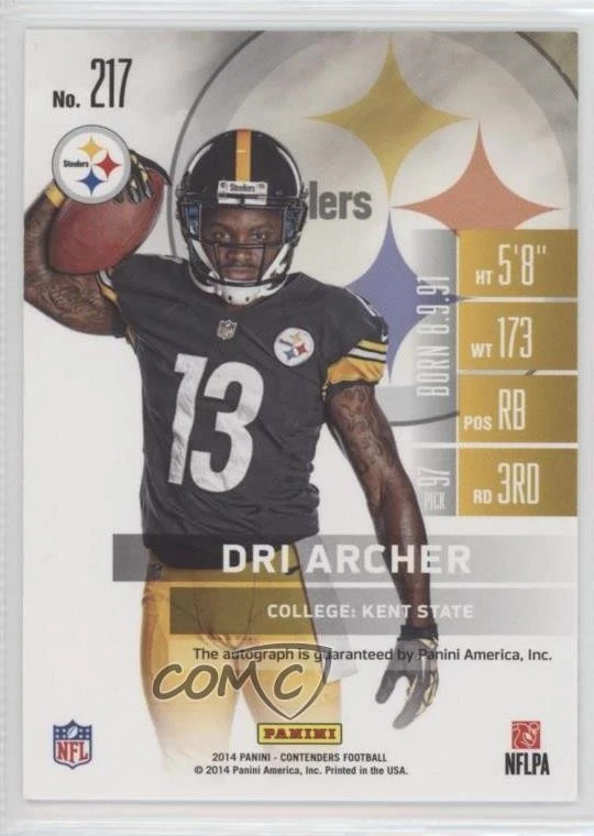 2014 Panini Contenders Dri Archer (Ball in Right Arm) #217 Rookie Auto RC - Image 2 of 2