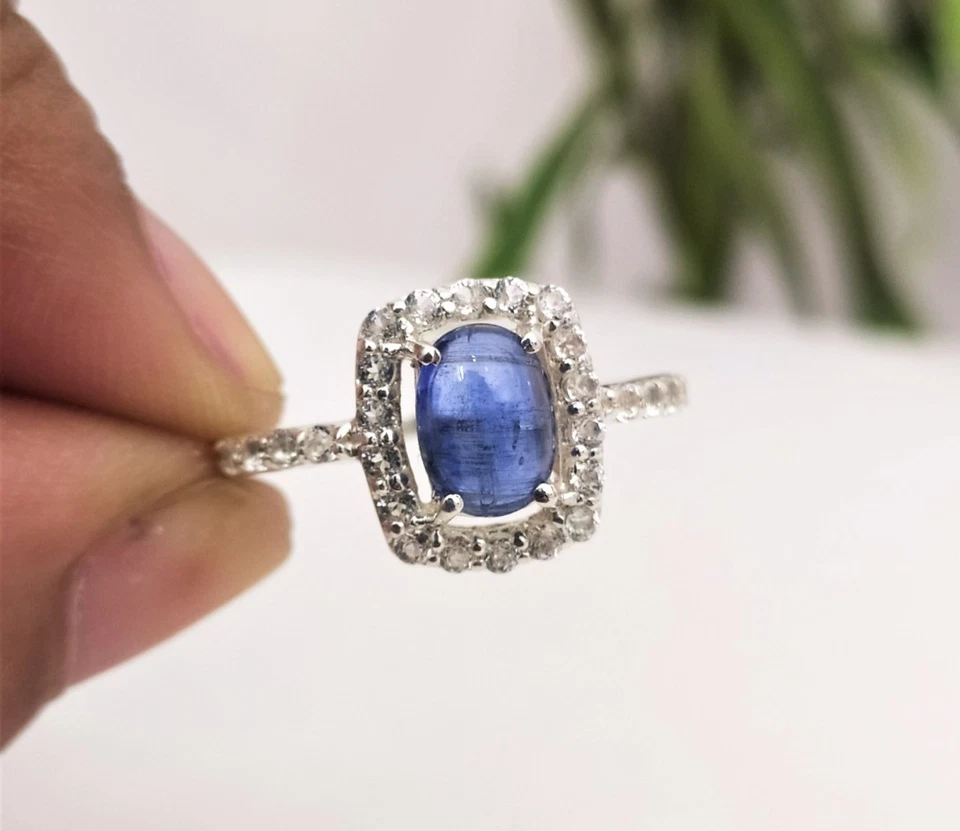 Anillo de boda de cianita azul natural para mujer anillos de diseñador de plata de ley 925 Foto 3 de 4