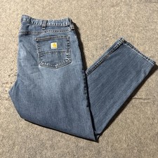 Carhartt Jeans Mens 42x30 Blue Denim Straight Fit Embroidered Logo Work Outdoors