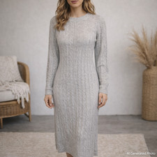 Stitchdrop Gray Cable Knit Midi Dress Tie-Back Cutout Long Sleeve Cozy Small NWT