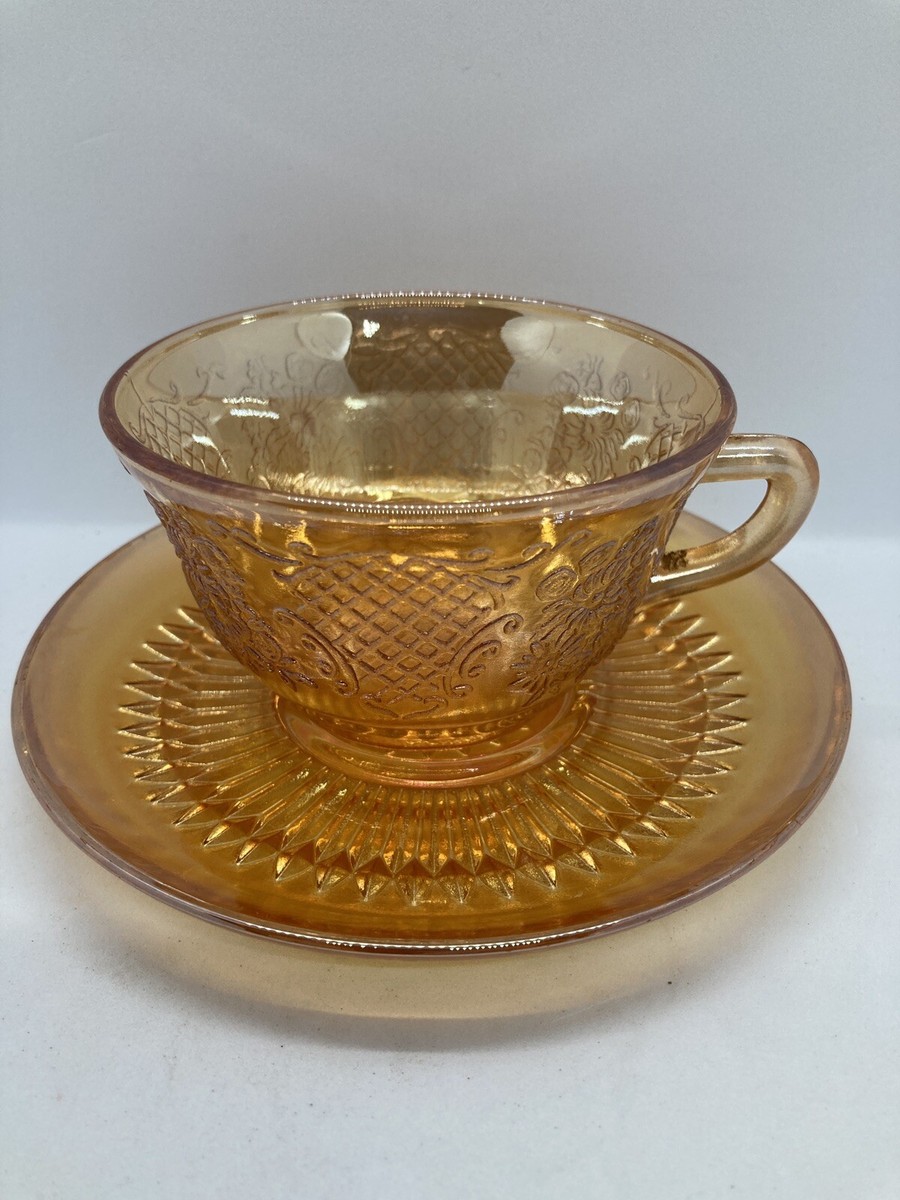 Vintage Marigold Carnival Glass Coffee Tea Cup Saucer Iridescent