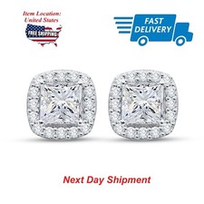 3 CT Princess Cut Simulated Diamond Halo Engagement Stud Earrings in 925 Silver