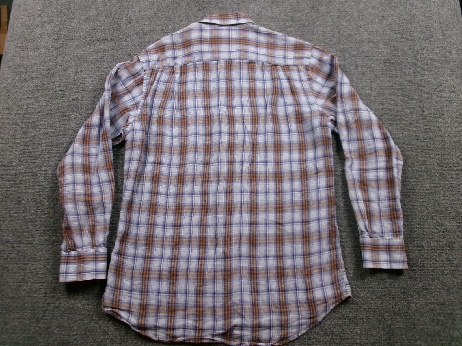Scott Barber Shirt Mens Medium Blue Brown Plaid 100% Linen Long Sleeve Button Up