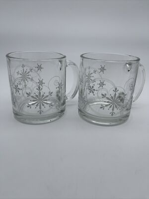 Vintage Set of 2 Snowflake Swirl Glass Mugs Christmas Winter Made In USA