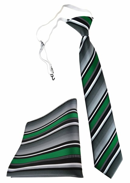Tigertie Kinderkrawatte + Einstecktuch In GrüN Silber Grau Weiss Gestreift-image