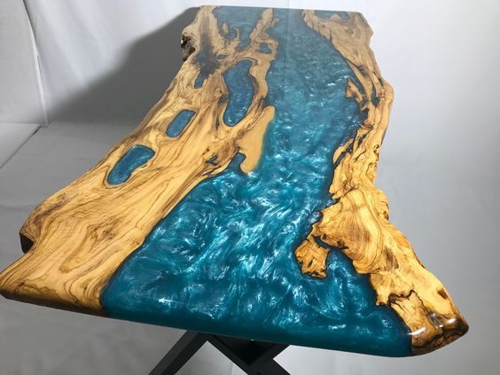 Blue Resin Epoxy River Dining Live Edge Table Top Handmade Furniture Decor