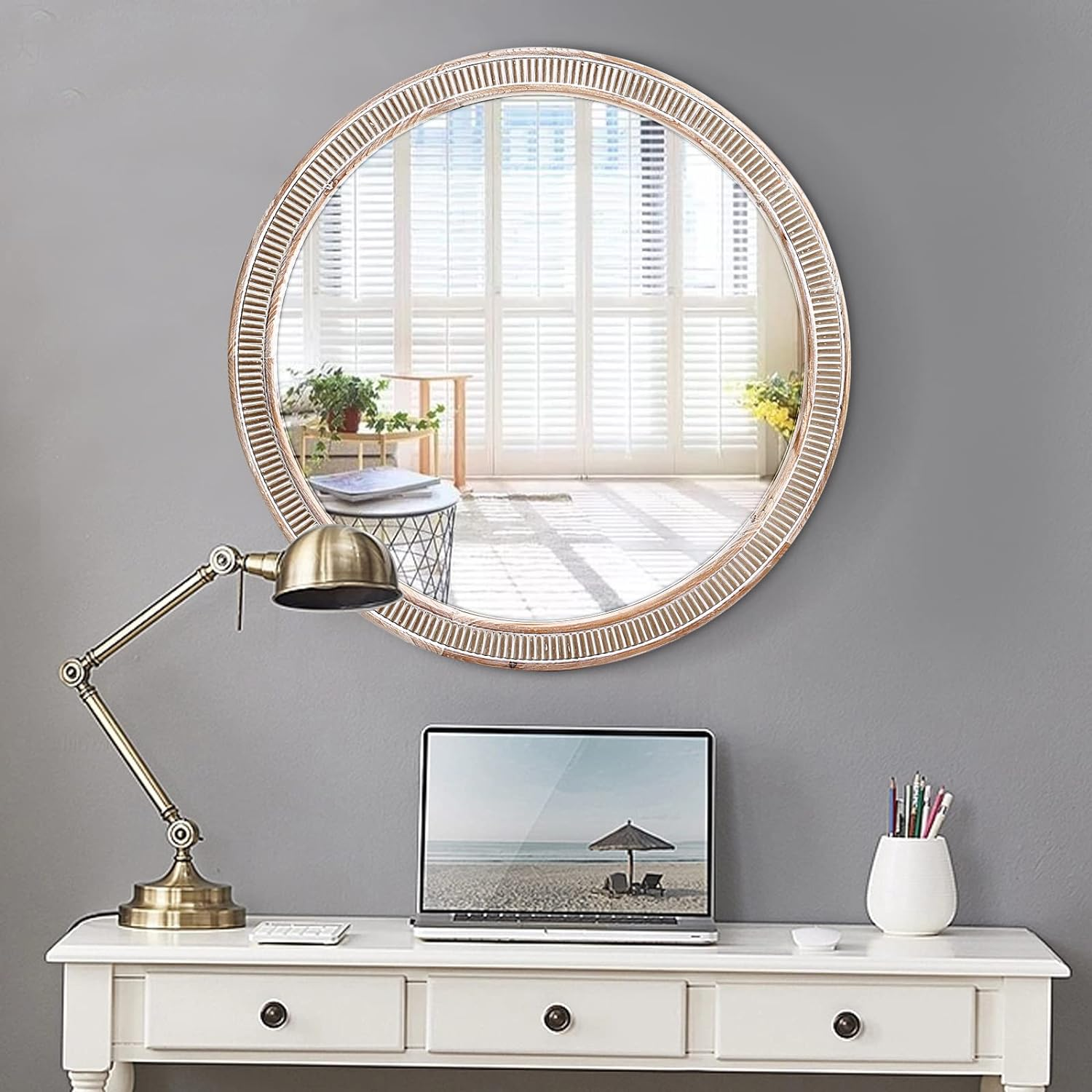 30Inch round Mirror for Wall Rustic Circle Mirror with Wooden Frame