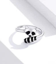 Classic 925 Sterling Silver Black Enamel Sly Raccoon Adjustable Ring/Earrings