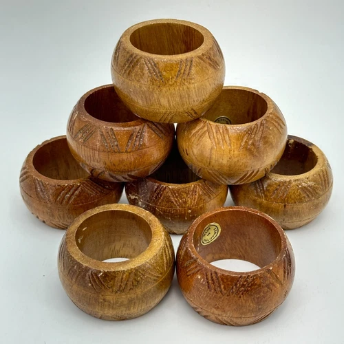 VINTAGE Wooden Napkin Rings Hand Carved Pack of 8 Philippines Holiday Table