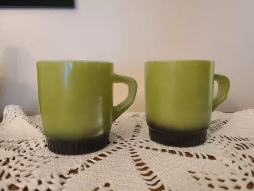 Anchor Hocking Fire King Avocado Green & Black Cups Coffee Mugs